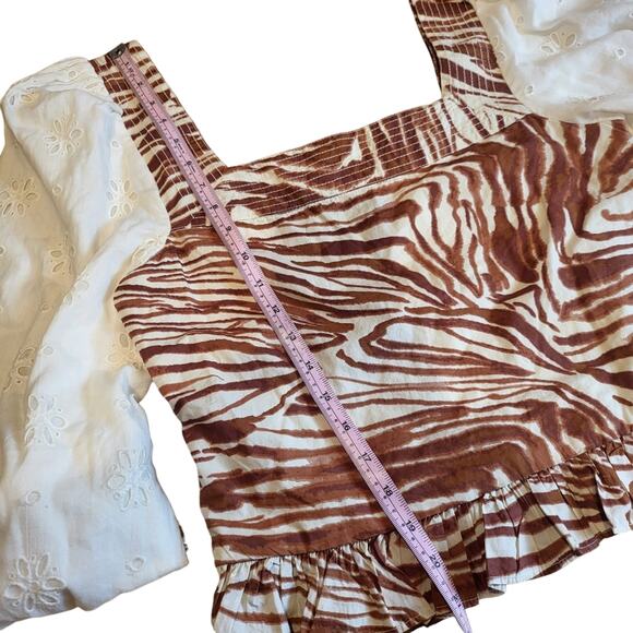 Anthropologie Love The Label Smocked Puff Sleeve Blouse Zebra Square Neck Boho M - Picture 4 of 8